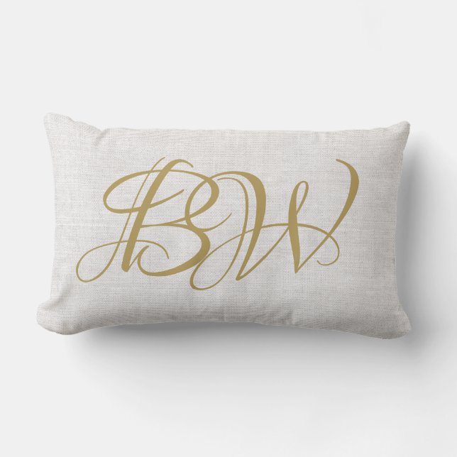Elegant Guld Par Monogram Initialer White Linen Lumbarkudde (Framsida)