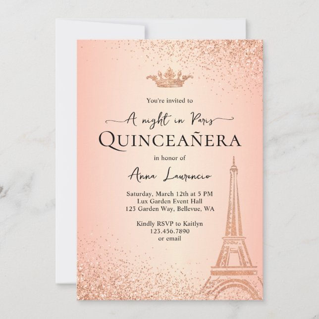 Elegant Guld Paris natttema Quinceanera Inbjudningar (Framsida)