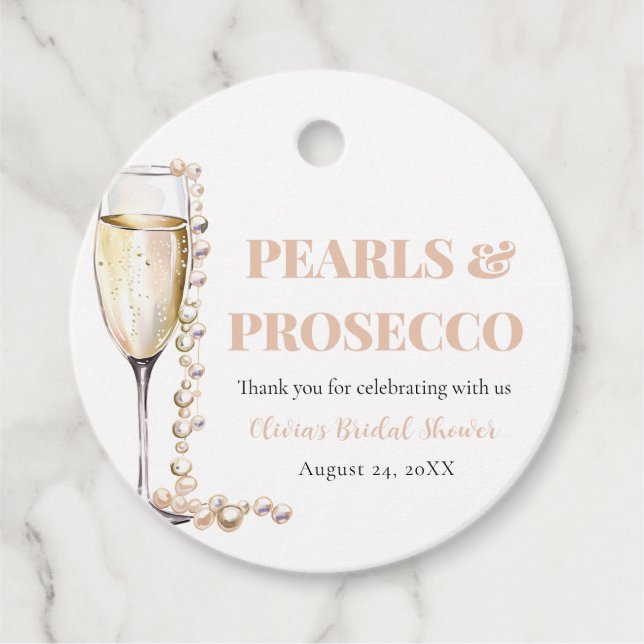 Elegant Guld Pärlor och Prosecco Bröllopsfest Gåvor Etiketter (Framsida)