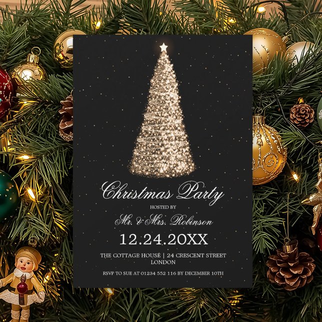 Elegant Guld, Party Black Inbjudningar (Elegant Gold Tree Christmas Party Black Invitation)