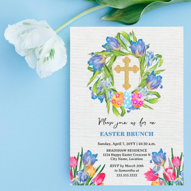 Elegant Guld Påskägg Tulips Inbjudningar (Elegant gold cross, tulip wreath and Easter egg brunch invitation front view.)