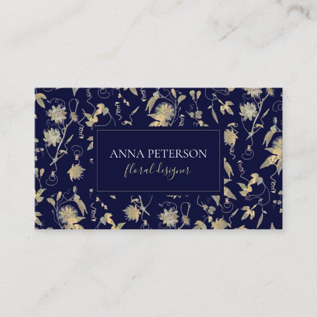 Elegant Guld Passion Flower Vine Mörk Navy Blue Visitkort (Framsida)