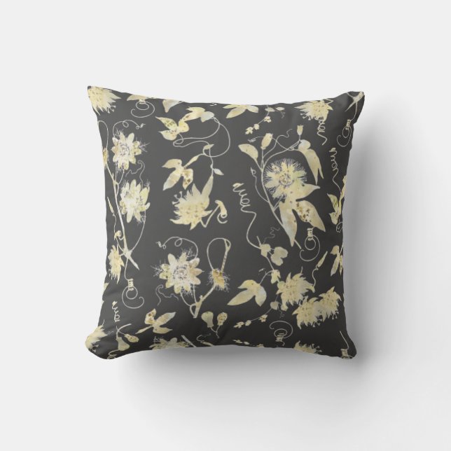 Elegant Guld Passionsblommor Mönster på Mörk Grått Kudde (Framsida)