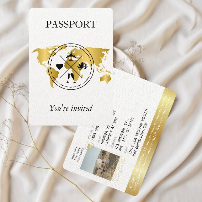 Elegant Guld Passport Destination Wedding Photo Inbjudningar (gold and white elegant passport photo wedding invitation)