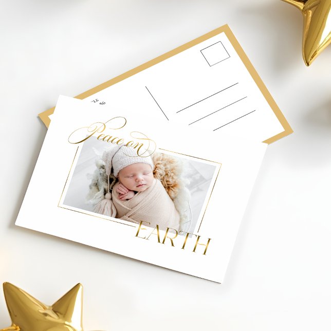 Elegant Guld Peace on Earth Photo Helg Vykort (Skapare uppladdad)