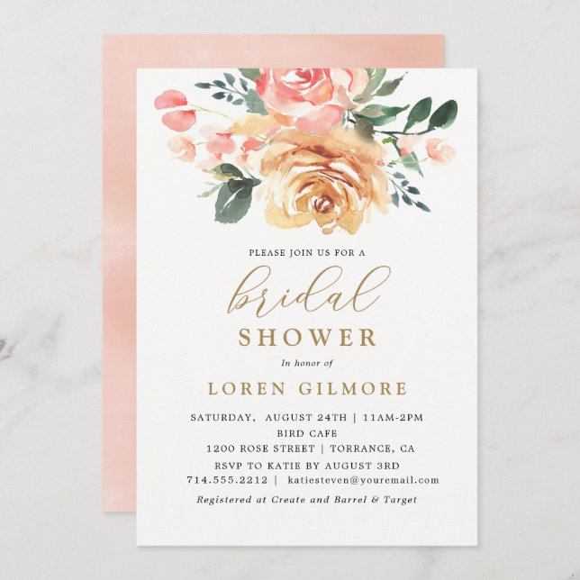 Elegant Guld Peach Blommigt Möhippa Inbjudningar (Fram/baksida)