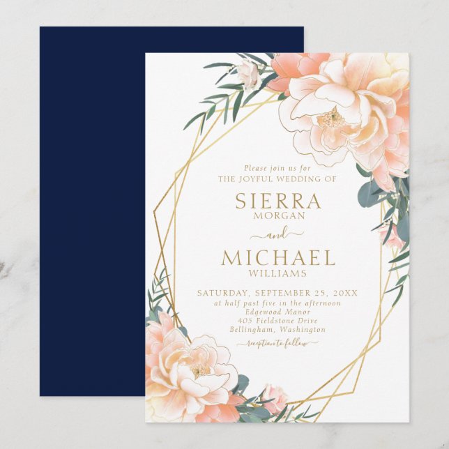 Elegant  Guld Peach Navy Blue Blommigt Bröllop Inbjudningar (Fram/baksida)