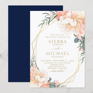 Elegant Guld Peach Navy Blue Blommigt Bröllop Inbjudningar