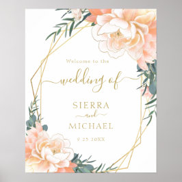Elegant Guld Peach Peony Blommigt Bröllop Poster