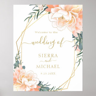 Elegant  Guld Peach Peony Blommigt Bröllop Poster