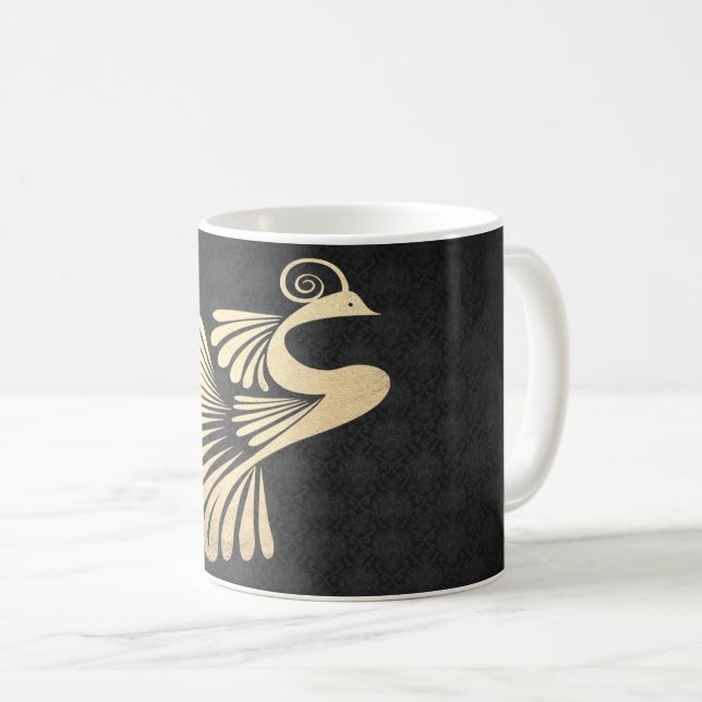 Elegant Guld Peacock, Black Damask Kaffemugg (Framsida höger)