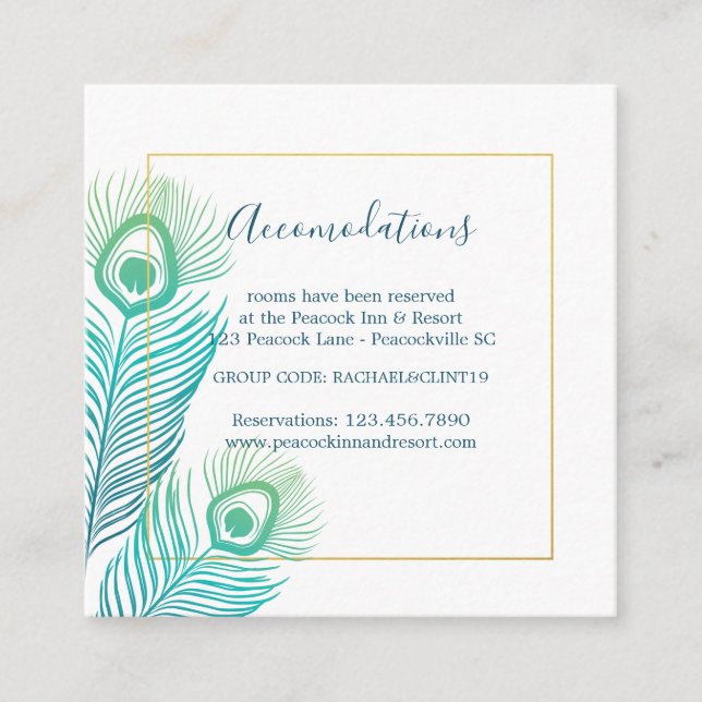 Elegant Guld Peacock Bröllop Hotel-bostäder Tilläggskort (Framsida)