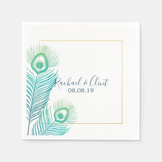 Elegant Guld Peacock Bröllopsfest Pappra blöjor Pappersservett (Framsidan)