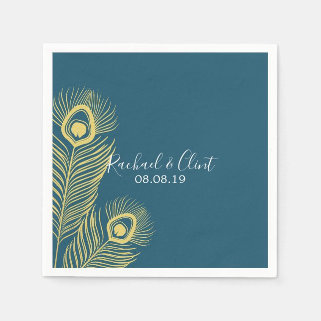 Elegant Guld Peacock Bröllopsfest Pappra blöjor Pappersservett (Framsidan)