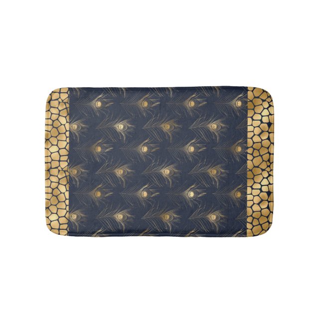Elegant Guld Peacock Navy Blue Print Snyggt Badrumsmatta (Framsidan)