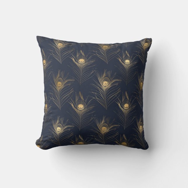 Elegant Guld Peacock Navy Blue Print Snyggt Kudde (Framsida)