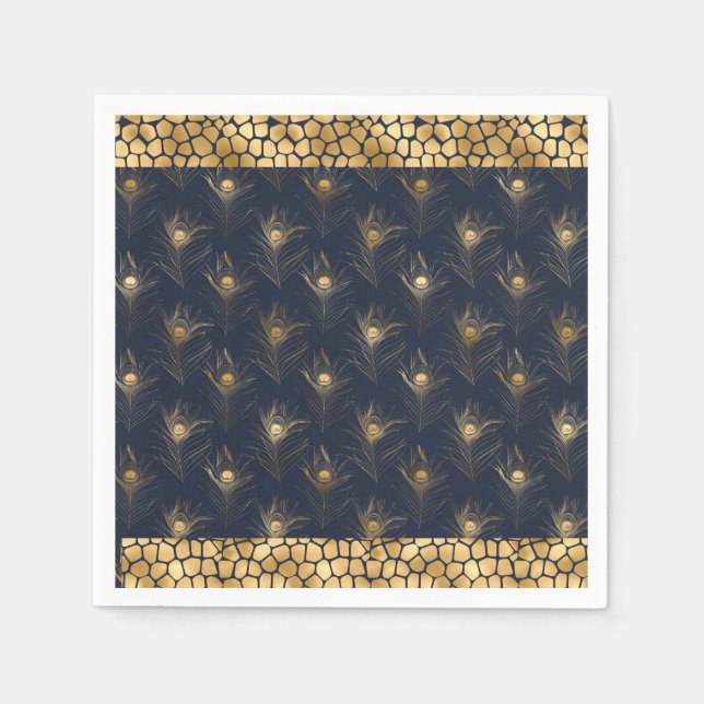 Elegant Guld Peacock Navy Blue Print Snyggt Pappersservett (Framsidan)