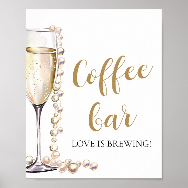 Elegant Guld Pearls and Prosecco Coffee Pub Sign Poster (Framsidan)