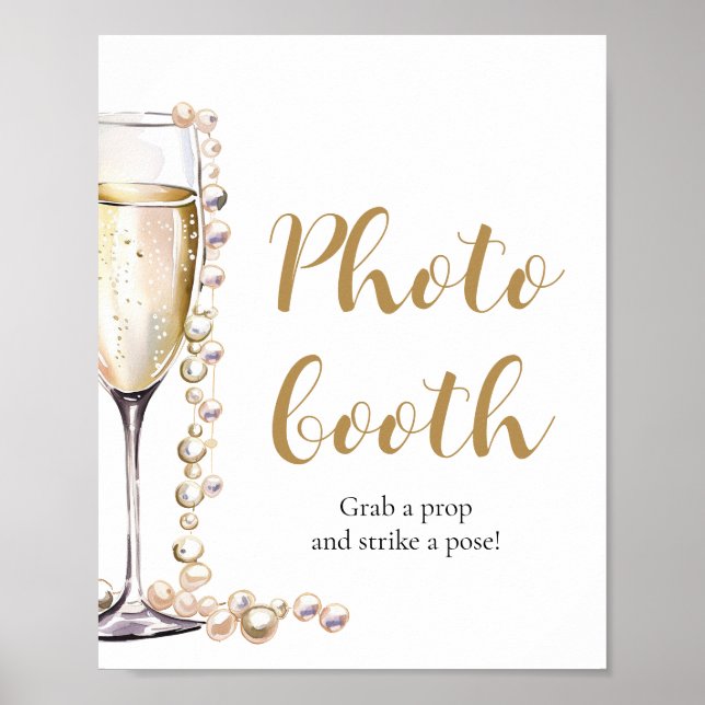 Elegant Guld Pearls och Prosecco Photo Booth Sign Poster (Framsidan)