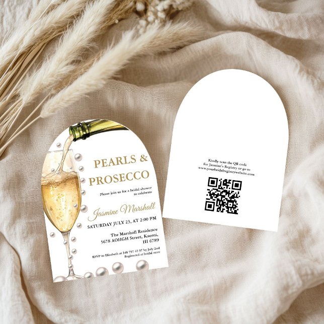 Elegant Guld Pearls & Prosecco Qr Möhippa Inbjudningar (Skapare uppladdad)