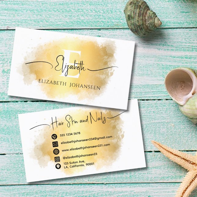 Elegant Guld Penseldrag Monogram Skriptnamn Visitkort (Skapare uppladdad)