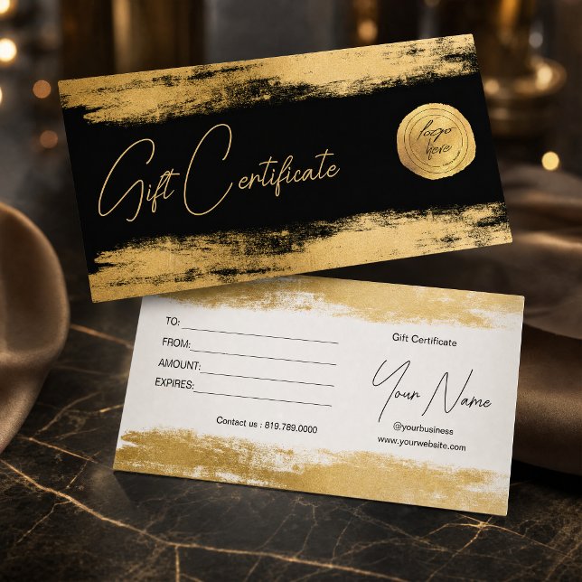 Elegant guld penselfolie | Logotyp presentkort (#abstractgold #abstractstroke #elegantgiftvoucher #makeupartistgiftcard #beautygiftcard #scripttext)