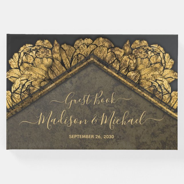 Elegant Guld Peony Blommigt Bröllop Guest Bok (Framsida)