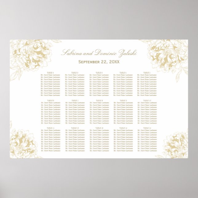 Elegant Guld Peony Blommigt Bröllop Seating Poster (Framsidan)