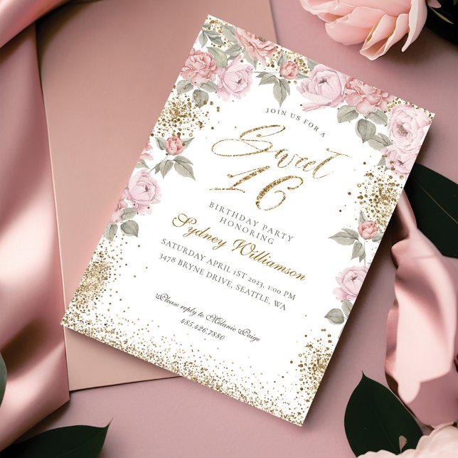 Elegant Guld Peony Blommigts Sweet 16 Inbjudningar (Skapare uppladdad)