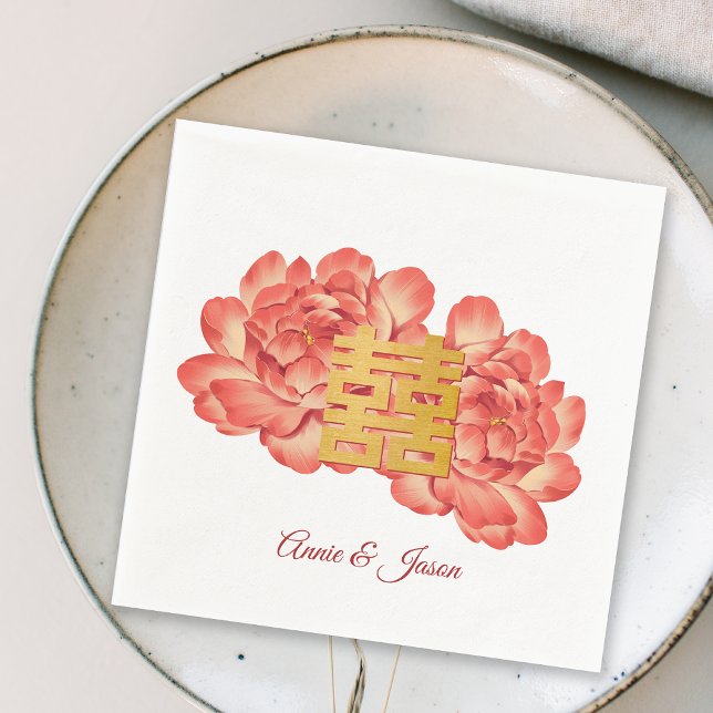 Elegant Guld Peony Kinesiska Bröllop Pappersservett (Elegant Gold Peony Chinese Wedding Napkins)