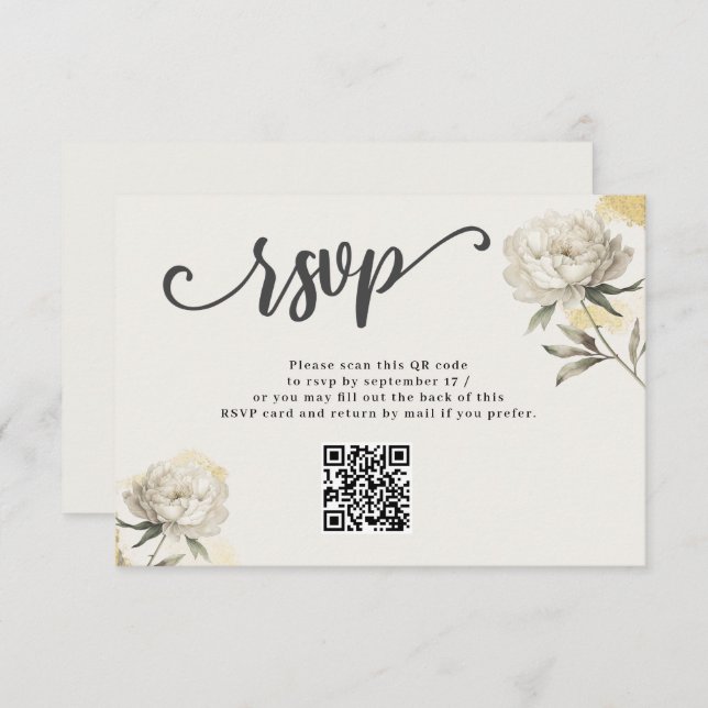 Elegant Guld Peony QR-kodkort Bröllop OSA (Fram/baksida)