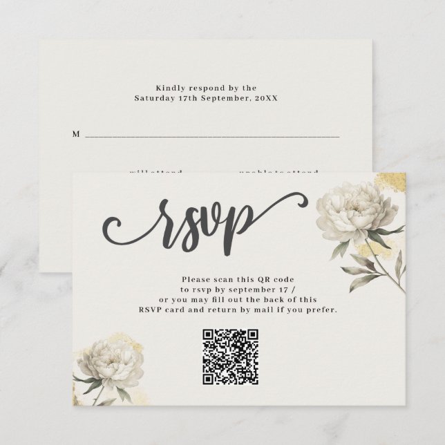 Elegant Guld Peony QR-kodkort Bröllop OSA Kort (Fram/baksida)