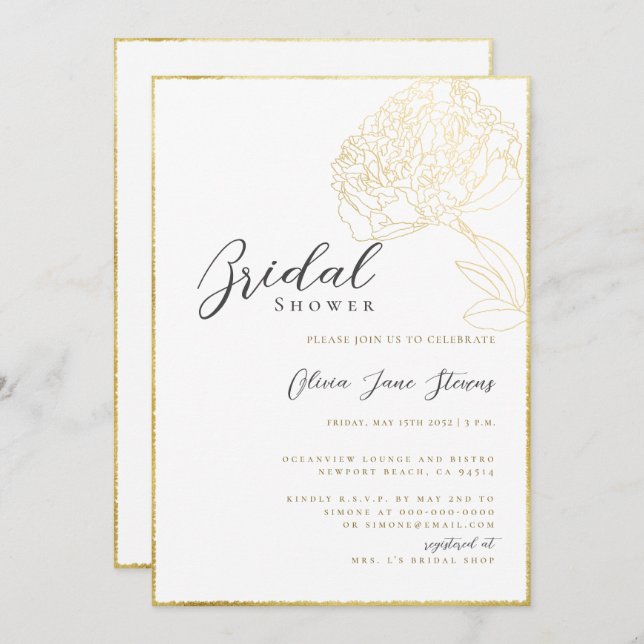 Elegant Guld Peony Sketch Boho Möhippa Ram Inbjudningar (Fram/baksida)