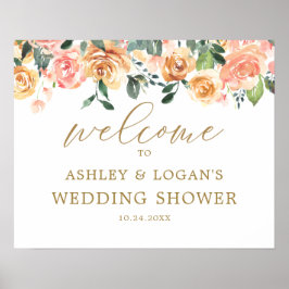 Elegant guld persika blommig bröllopsdusch välkomm poster