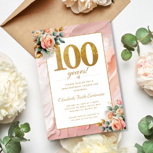 Elegant guld persika rosa blommig 100-årsdag inbjudningar