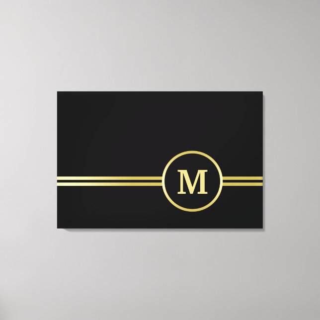 Elegant guld Personlig Monogram på svart Canvastryck (Framsida)