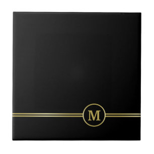 Elegant guld Personlig Monogram på svart Kakelplatta
