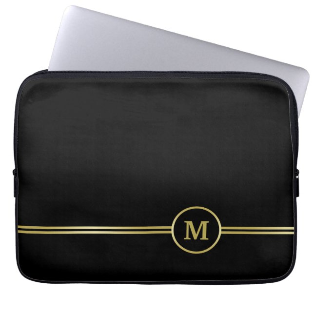Elegant guld Personlig Monogram på svart Laptop Fodral (Framsidan)