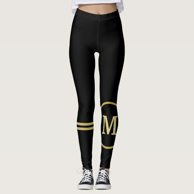 Elegant guld Personlig Monogram på svart Leggings (Framsida)