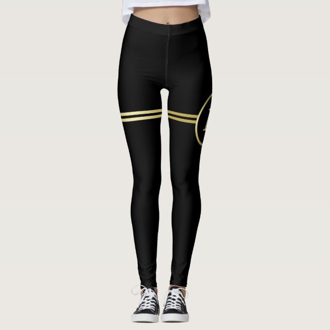 Elegant guld Personlig Monogram på svart Leggings (Framsida)