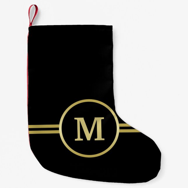 Elegant guld Personlig Monogram på svart Liten Julstrumpa (Framsidan)