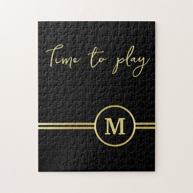 Elegant guld Personlig Monogram på svart Pussel (Vertikal)