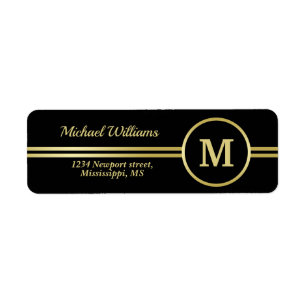 Elegant guld Personlig Monogram på svart Returadress Etikett