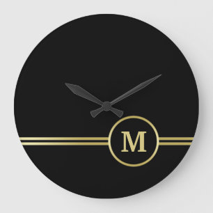 Elegant guld Personlig Monogram på svart Stor Klocka