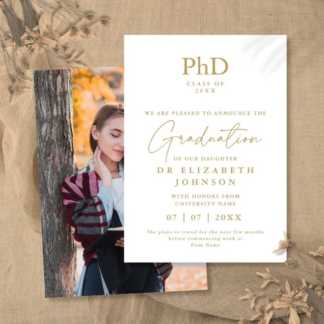 Elegant guld PhD-examensbevis fotomeddelande Inbjudningar (Gold Elegant PhD Degree Photo Announcement)
