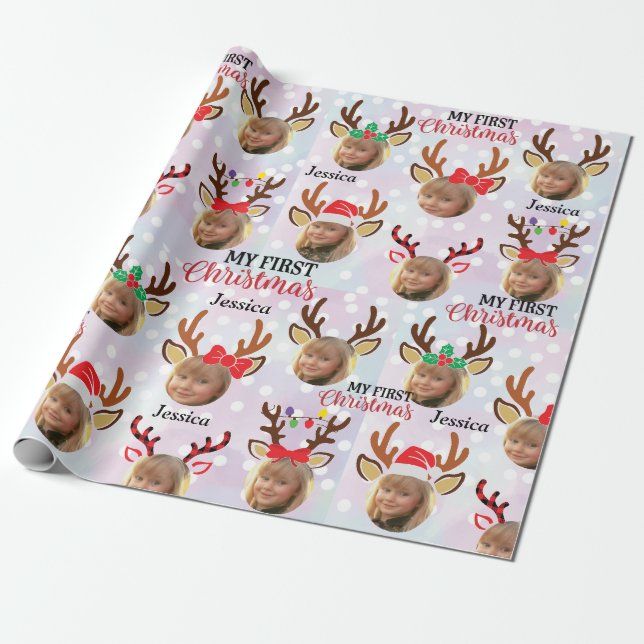 Elegant Guld Photo Reindeer Anpassningsbar Jul Wra Presentpapper (Utrullad)