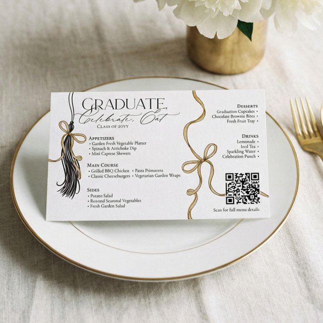 Elegant Guld Pil & Tofs Examensfestmeny Flygblad (Elegant Gold Bow Tassel Graduation Dinner Party Flyer)