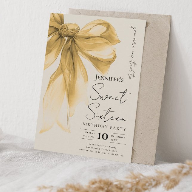 Elegant guld Pilbåge Coquette Script Sweet 16-fest Inbjudningar (Elegant Gold Bow Coquette Script Sweet 16 Party Invitation)