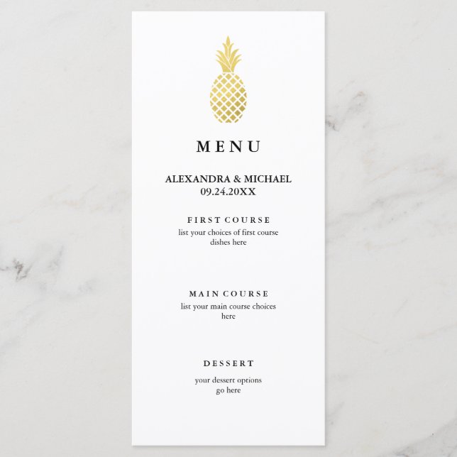 Elegant Guld Pineapple Bröllop Menu Meny (Framsida)