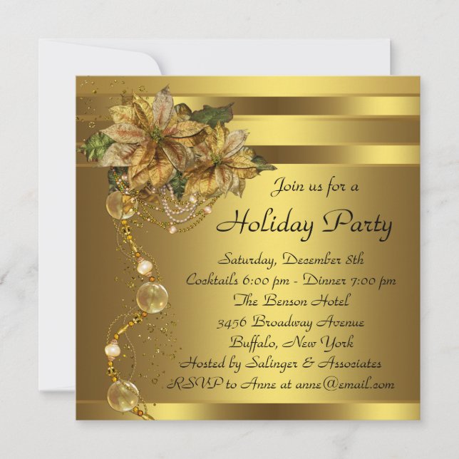 Elegant Guld Poinsettia Black Guld jul Party Inbjudningar (Framsida)